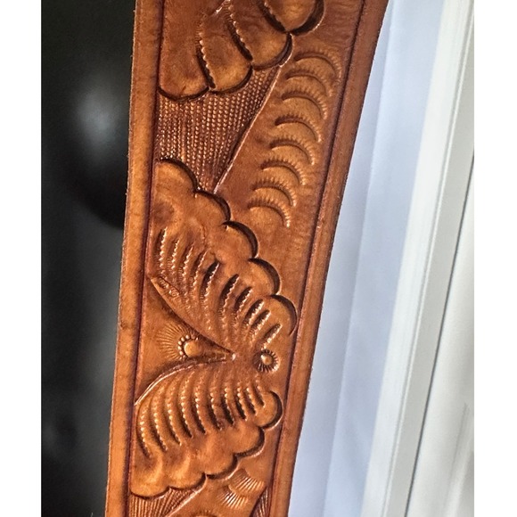 Vintage Ray Rhodes Resin Wood Belt Buckle Tooled Leather Belt Southwest Artisan - Picture 5 of 5